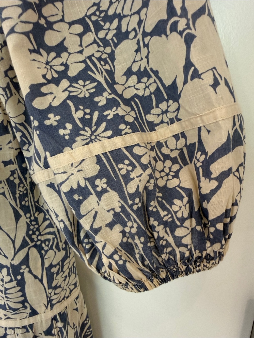 THE GREAT. Beige and Navy Floral Tiered Tassel Maxi Dress - Picture 5 of 6